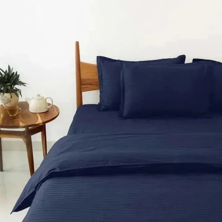 100% Cotton Satin Stripe 210 TC Duvet Cover Set - Navy Blue