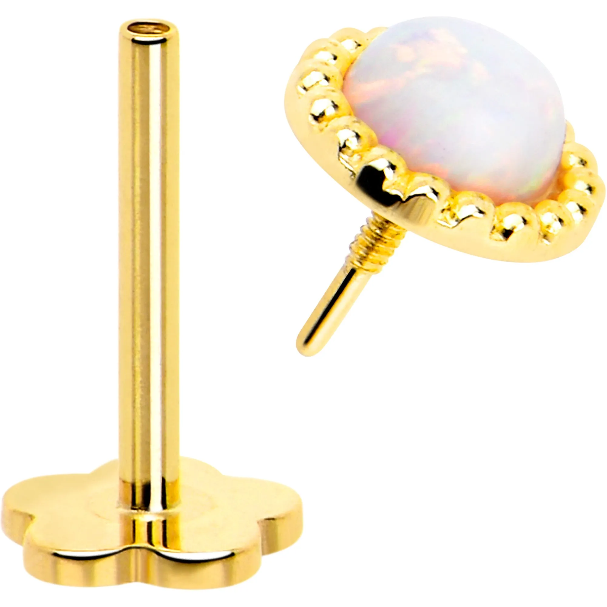 14k Yellow Gold Flat Back Earring 20 gauge 3mm Synthetic Opal Floral Reversible