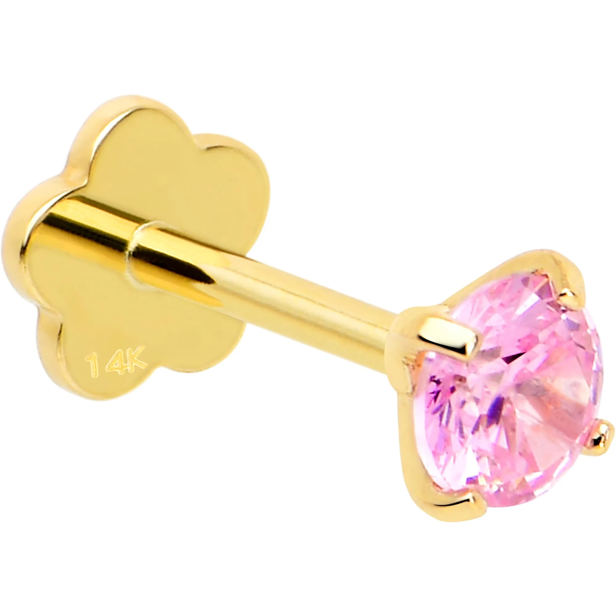 14k Yellow Gold Flat Back Earring 20 gauge 4mm Pink CZ Floral Reversible