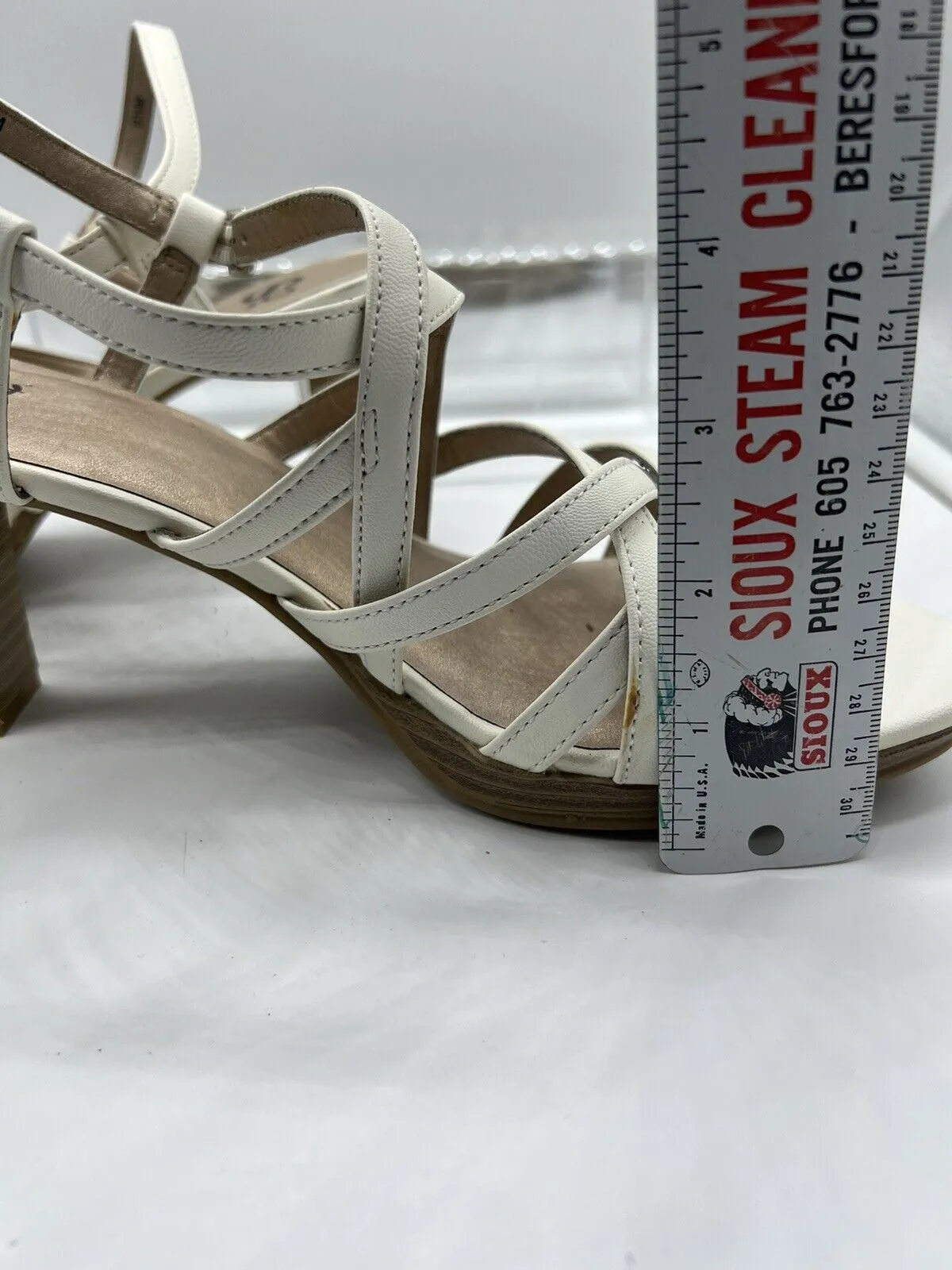 9.5 SO rosie white STRAPPY 63772 White Sandal High Heel Wooden Stacked Short