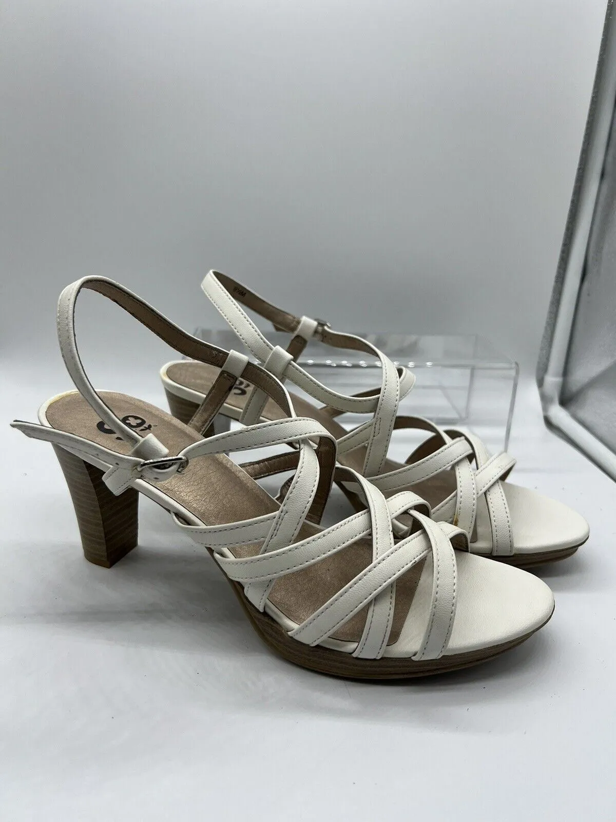 9.5 SO rosie white STRAPPY 63772 White Sandal High Heel Wooden Stacked Short