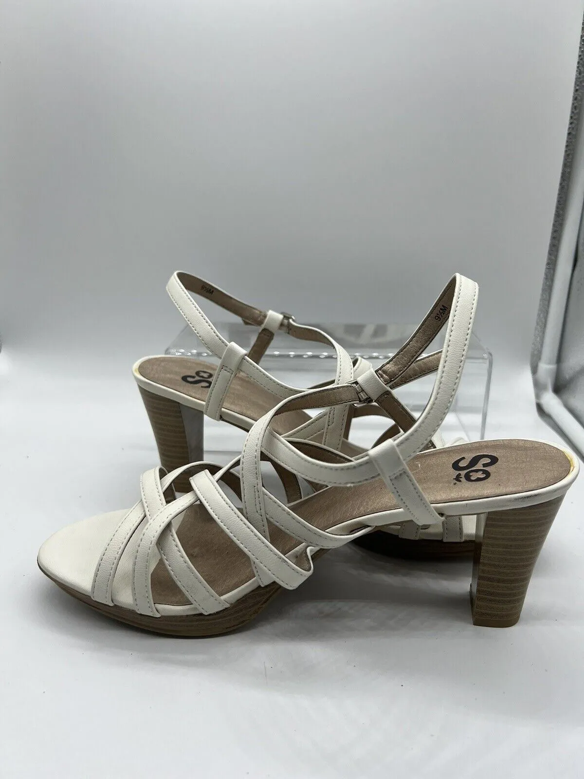 9.5 SO rosie white STRAPPY 63772 White Sandal High Heel Wooden Stacked Short