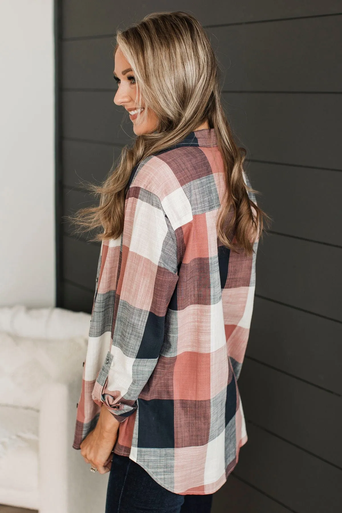 American Beauty Button Plaid Top- Mauve Pink & Navy