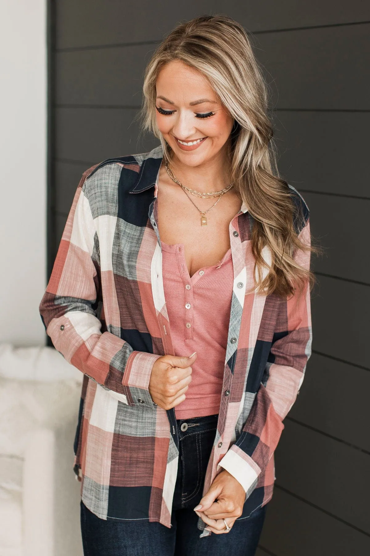 American Beauty Button Plaid Top- Mauve Pink & Navy