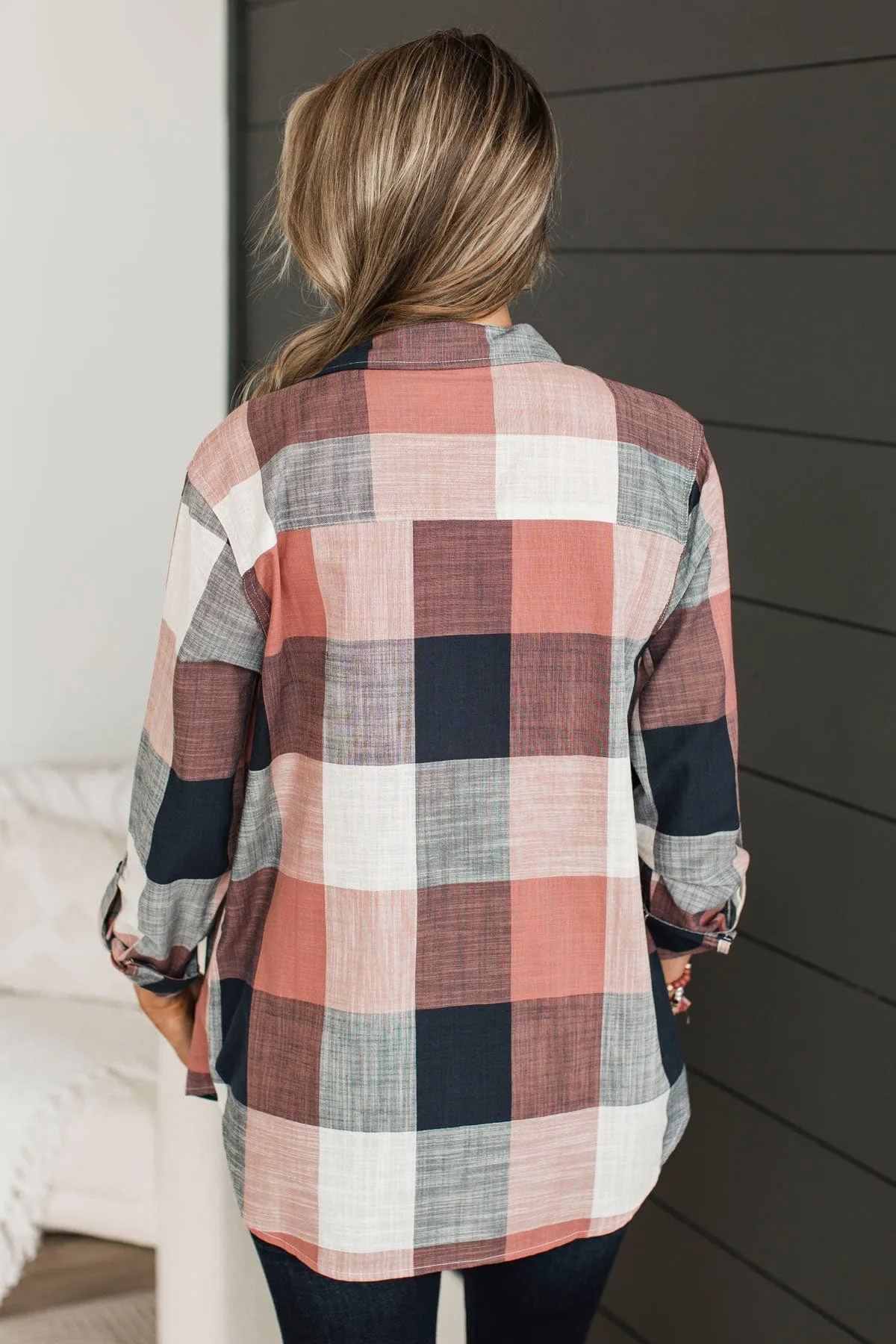 American Beauty Button Plaid Top- Mauve Pink & Navy