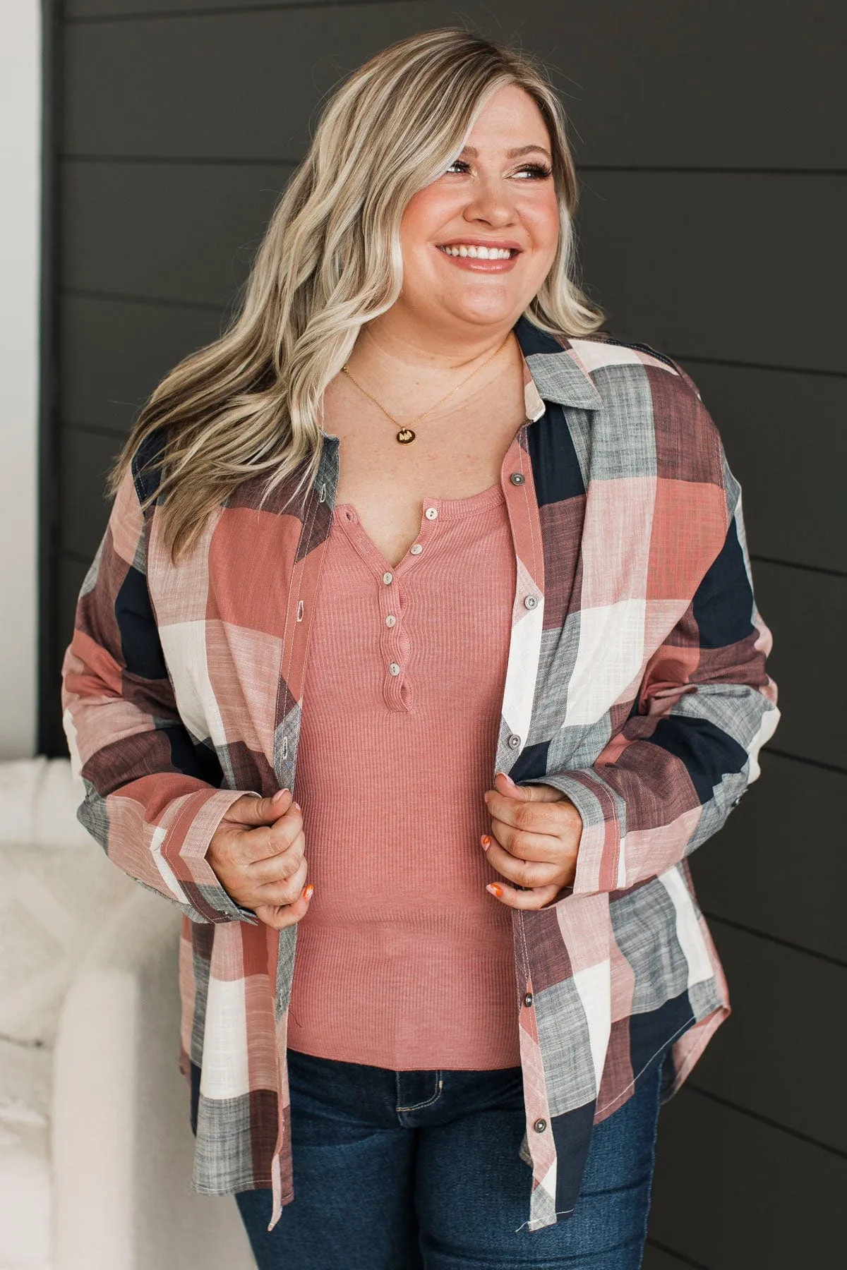 American Beauty Button Plaid Top- Mauve Pink & Navy