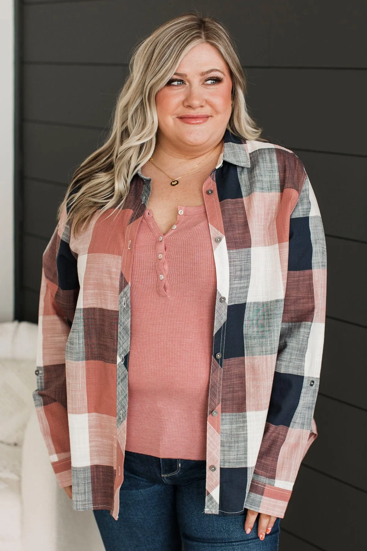 American Beauty Button Plaid Top- Mauve Pink & Navy