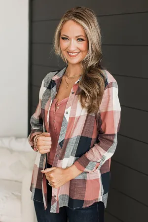 American Beauty Button Plaid Top- Mauve Pink & Navy