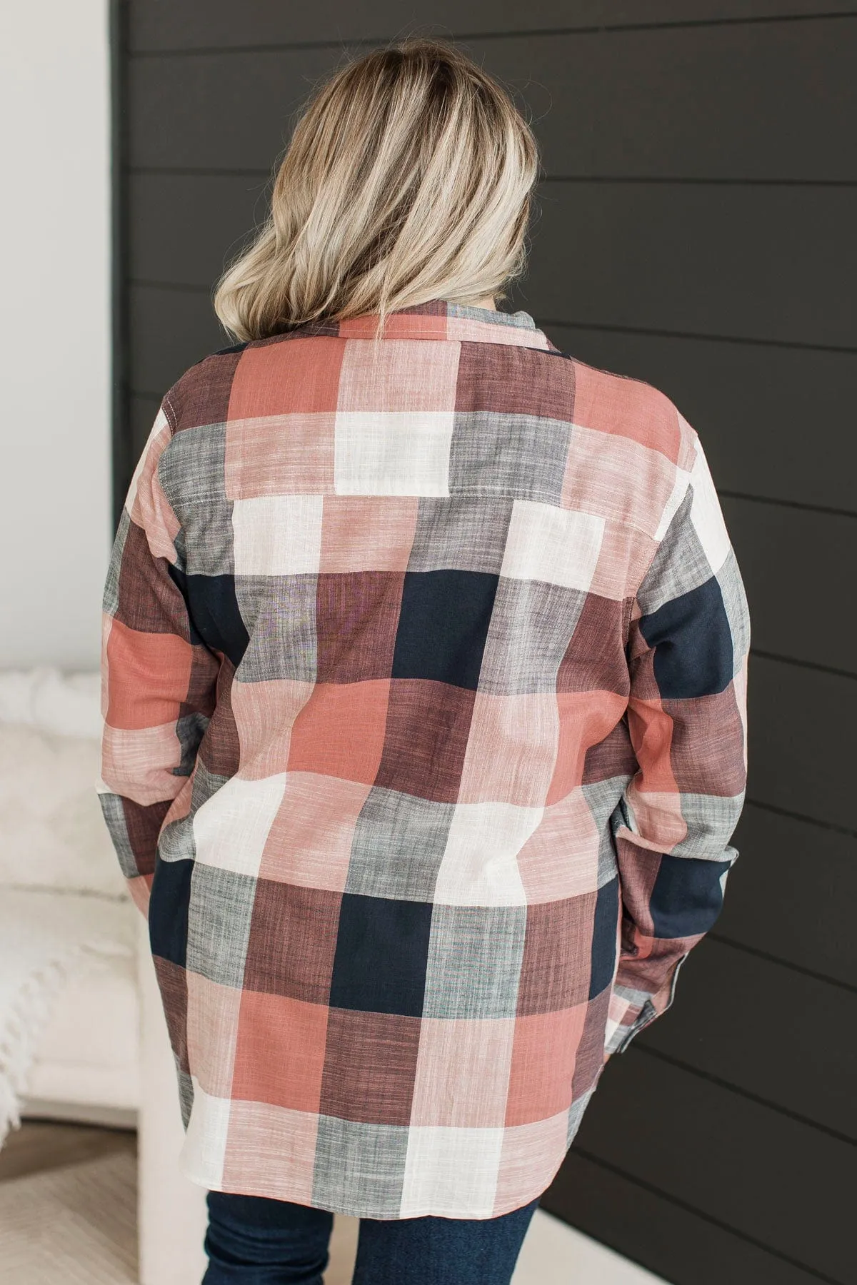 American Beauty Button Plaid Top- Mauve Pink & Navy