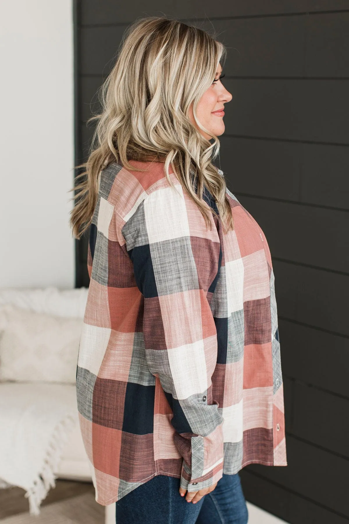 American Beauty Button Plaid Top- Mauve Pink & Navy