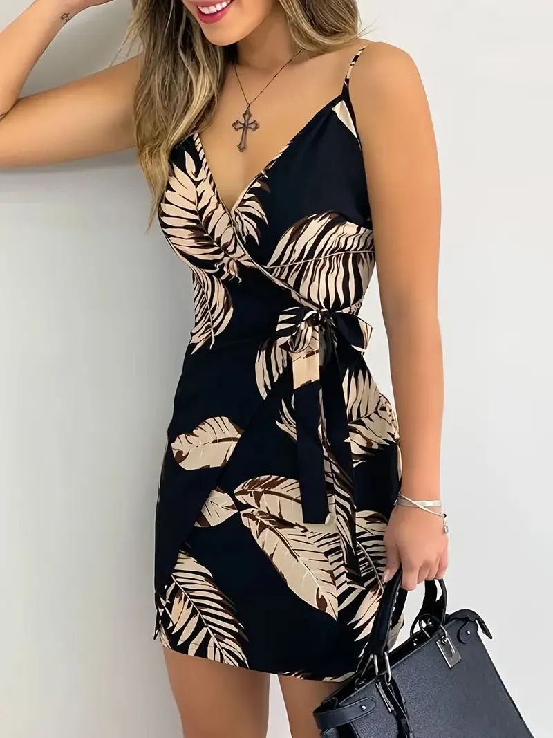 BerryBetty - Leaf Print V Neck Sleeveless Backless Dress