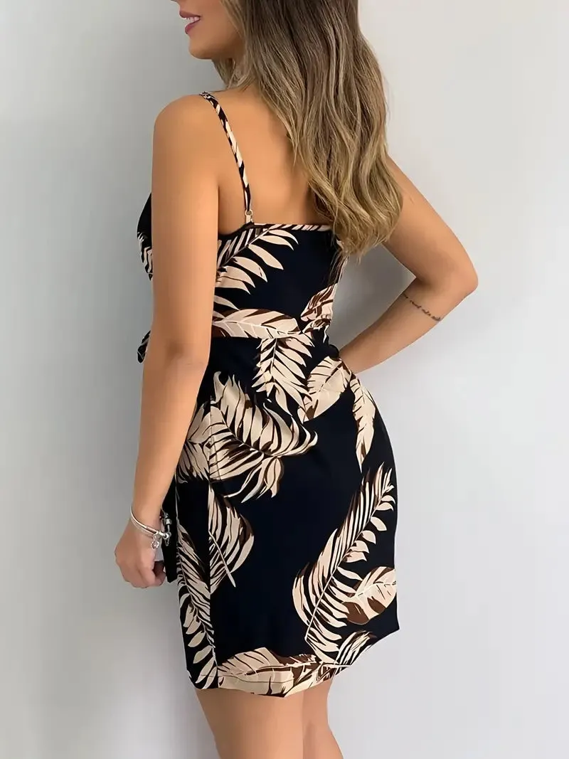 BerryBetty - Leaf Print V Neck Sleeveless Backless Dress