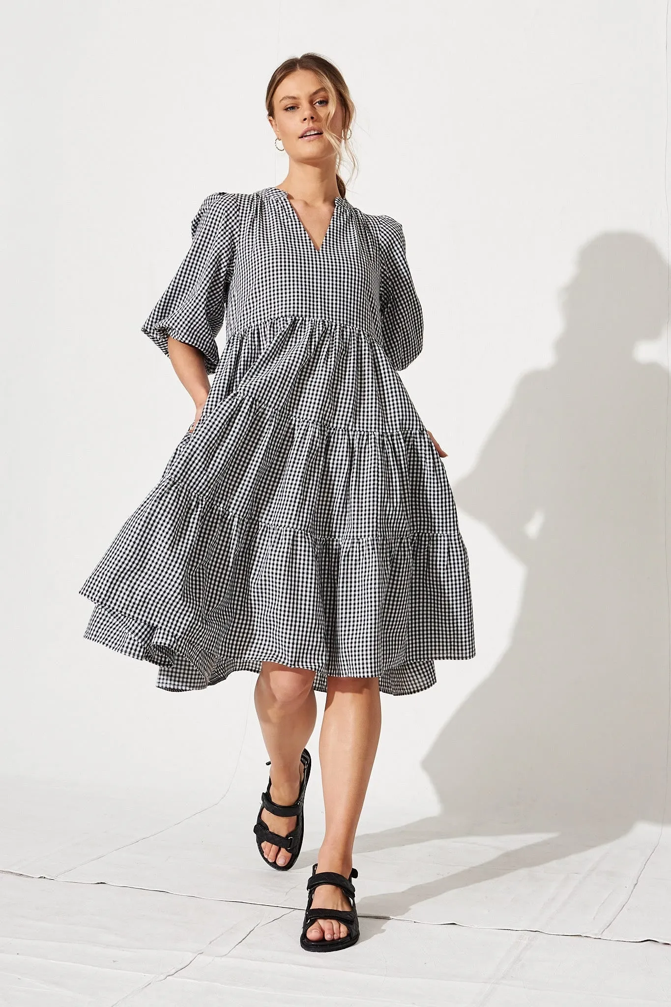 Black & White Gingham Tiered Dress by Kehlana