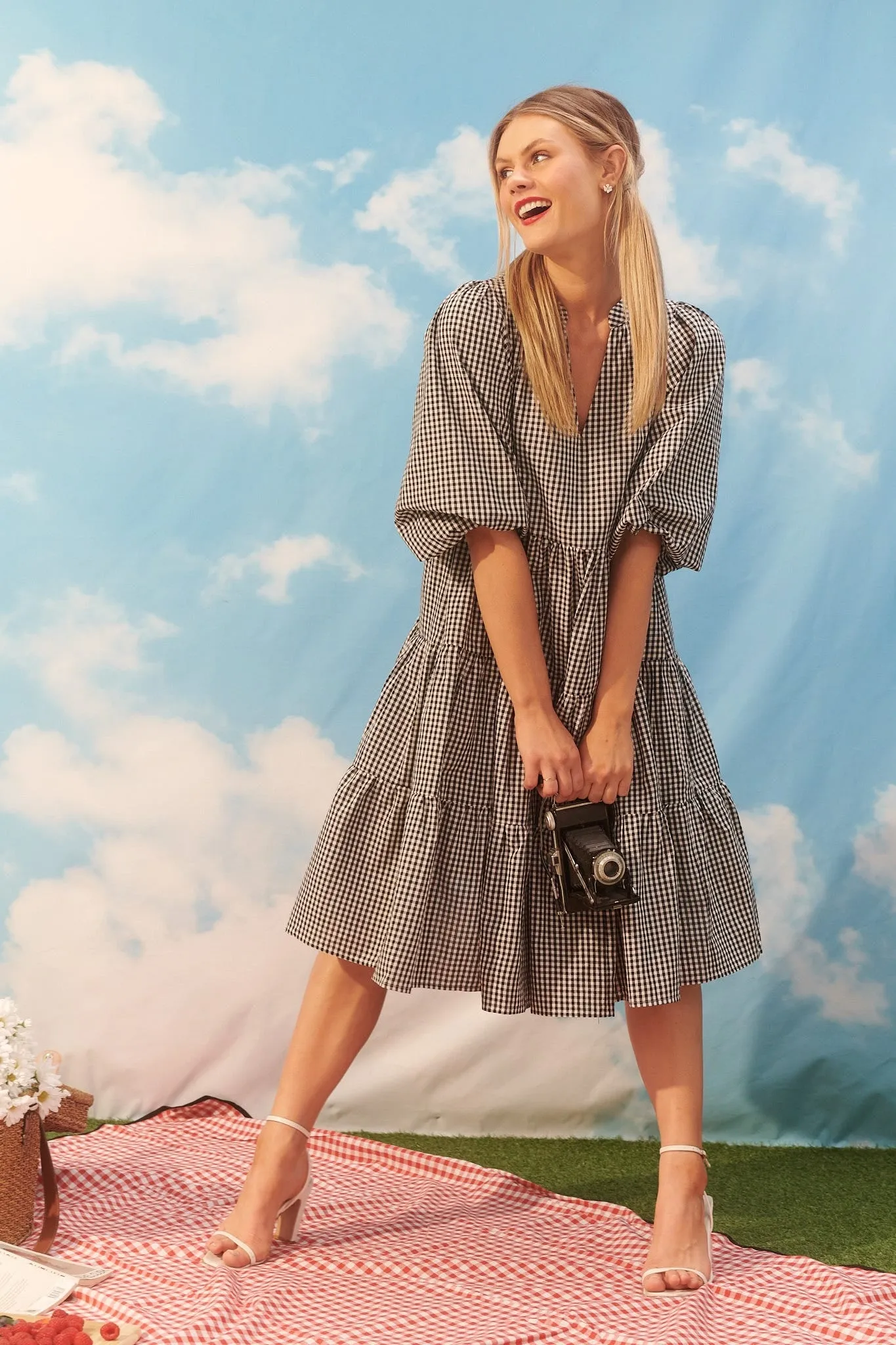 Black & White Gingham Tiered Dress by Kehlana