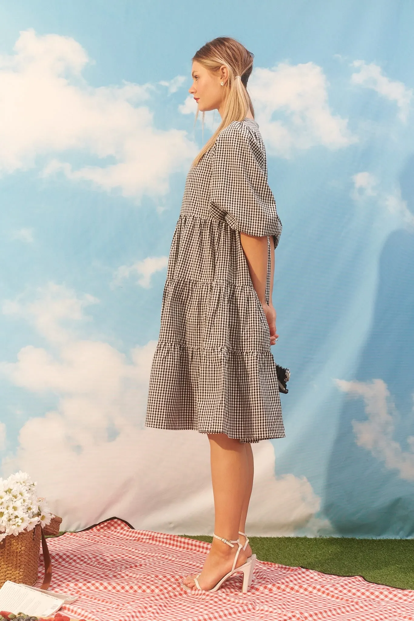 Black & White Gingham Tiered Dress by Kehlana