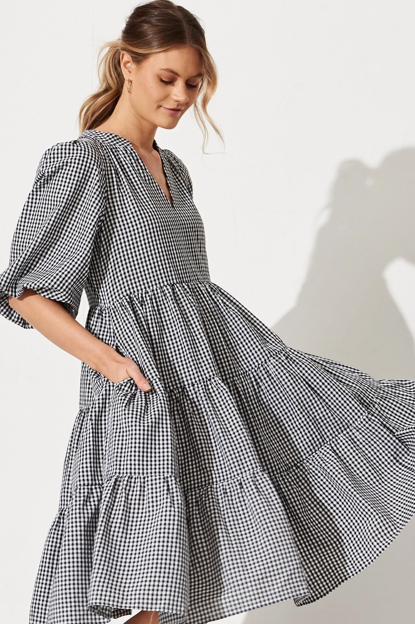Black & White Gingham Tiered Dress by Kehlana
