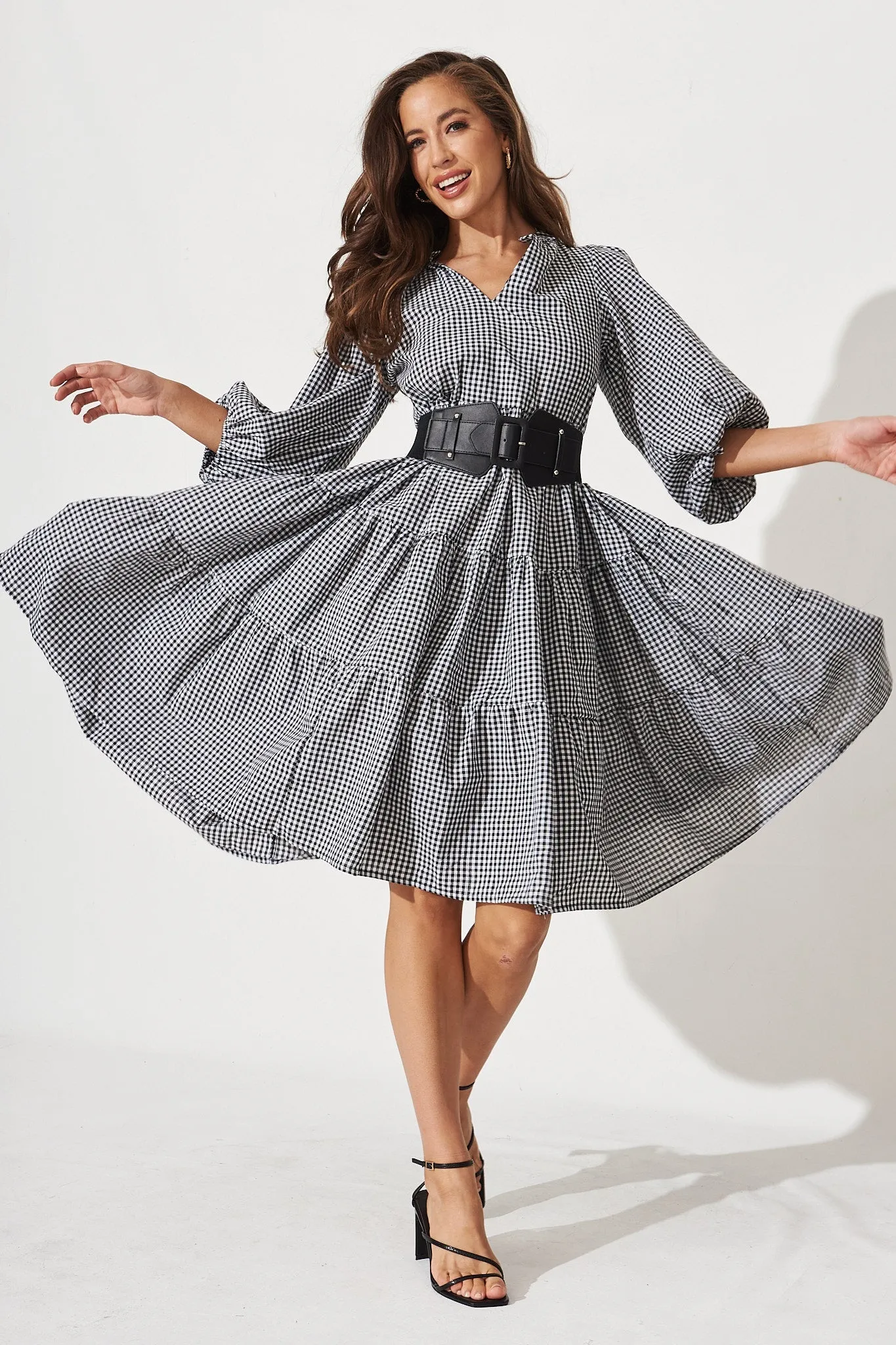 Black & White Gingham Tiered Dress by Kehlana