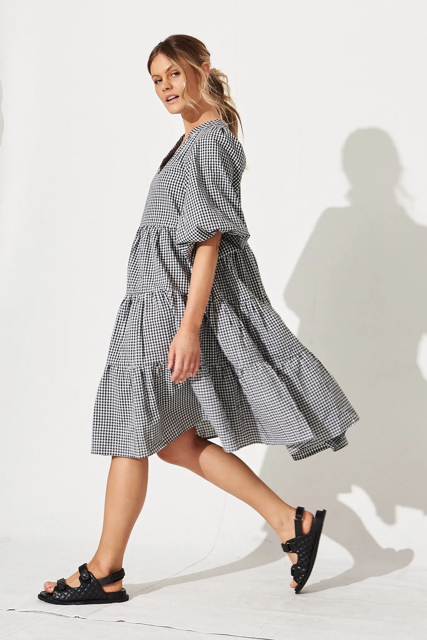 Black & White Gingham Tiered Dress by Kehlana