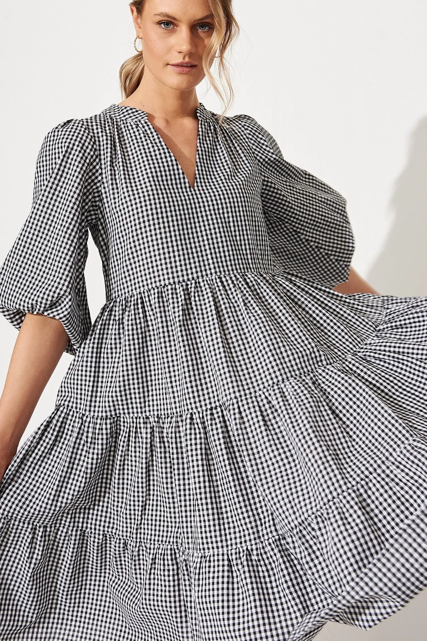 Black & White Gingham Tiered Dress by Kehlana