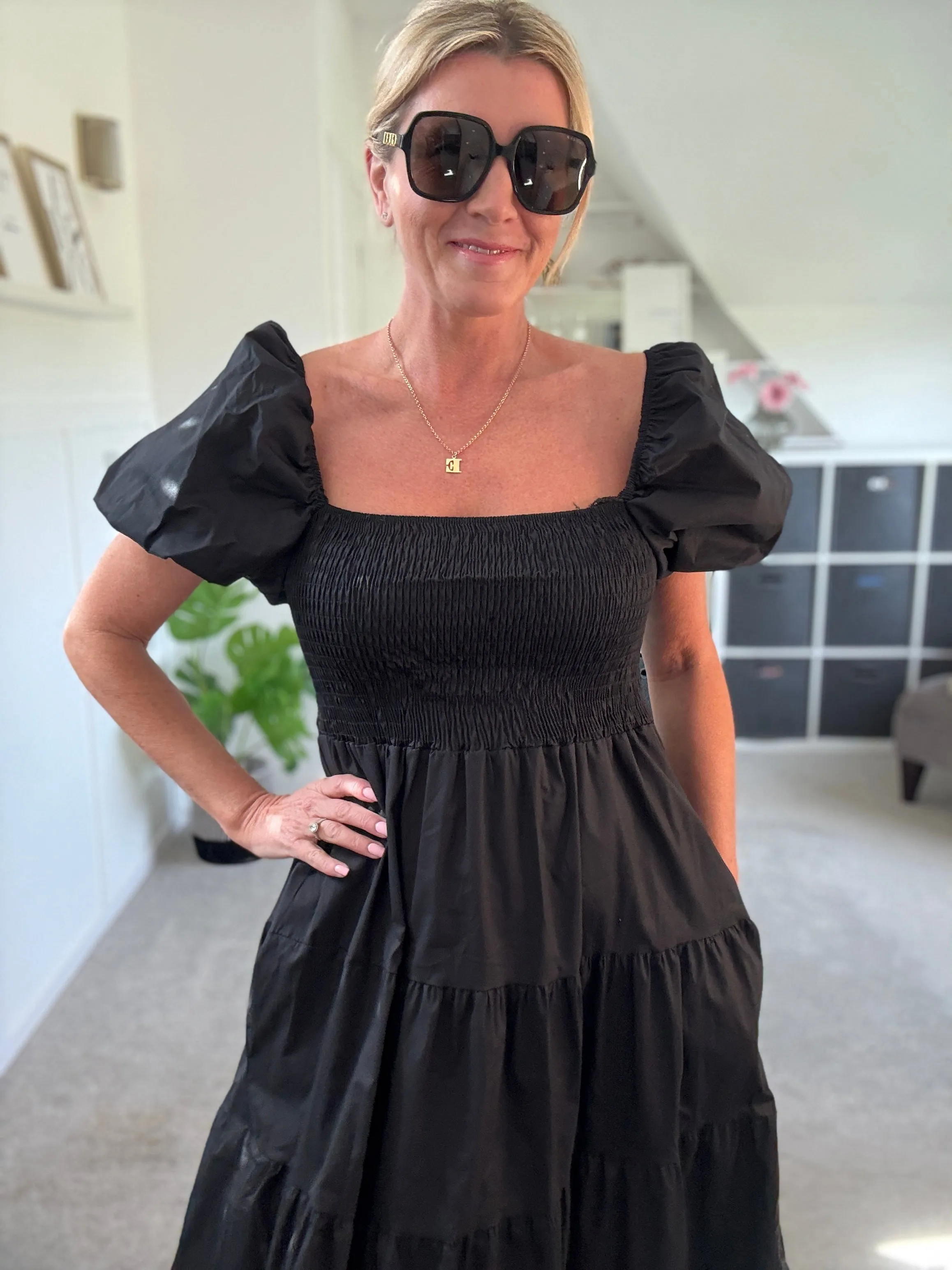 Black Puff Shoulder Maxi Dress