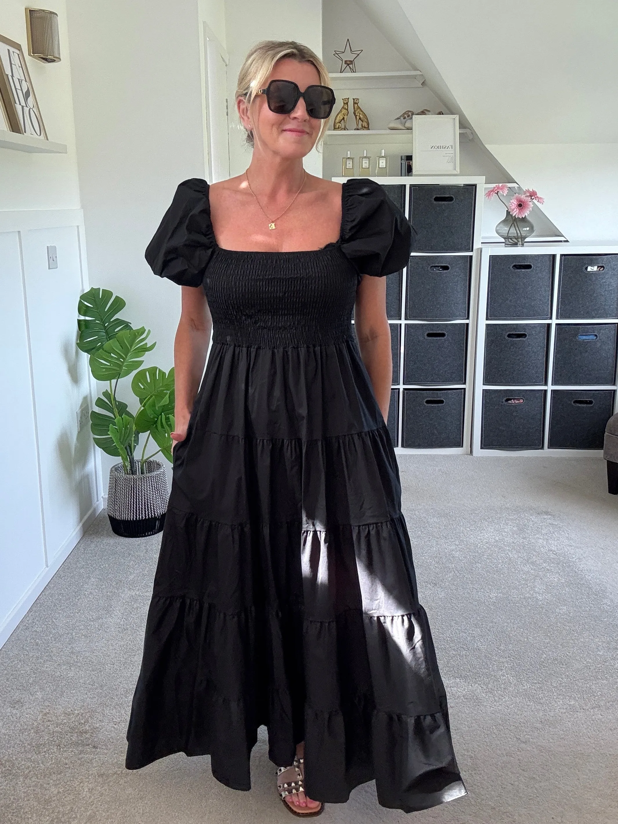 Black Puff Shoulder Maxi Dress