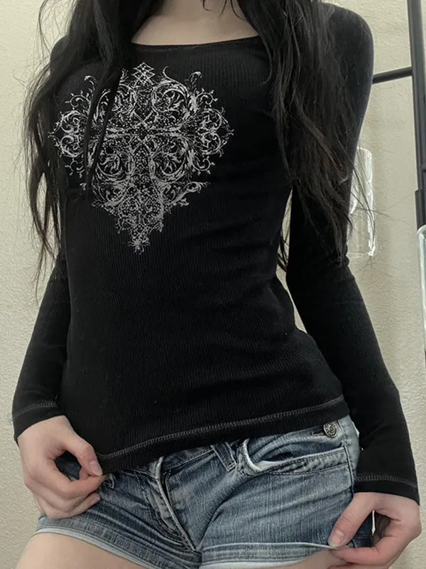 Black vintage print long-sleeved shirt