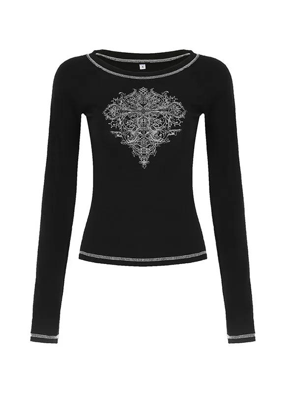 Black vintage print long-sleeved shirt