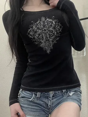 Black vintage print long-sleeved shirt