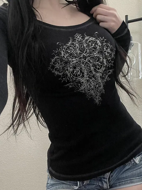 Black vintage print long-sleeved shirt