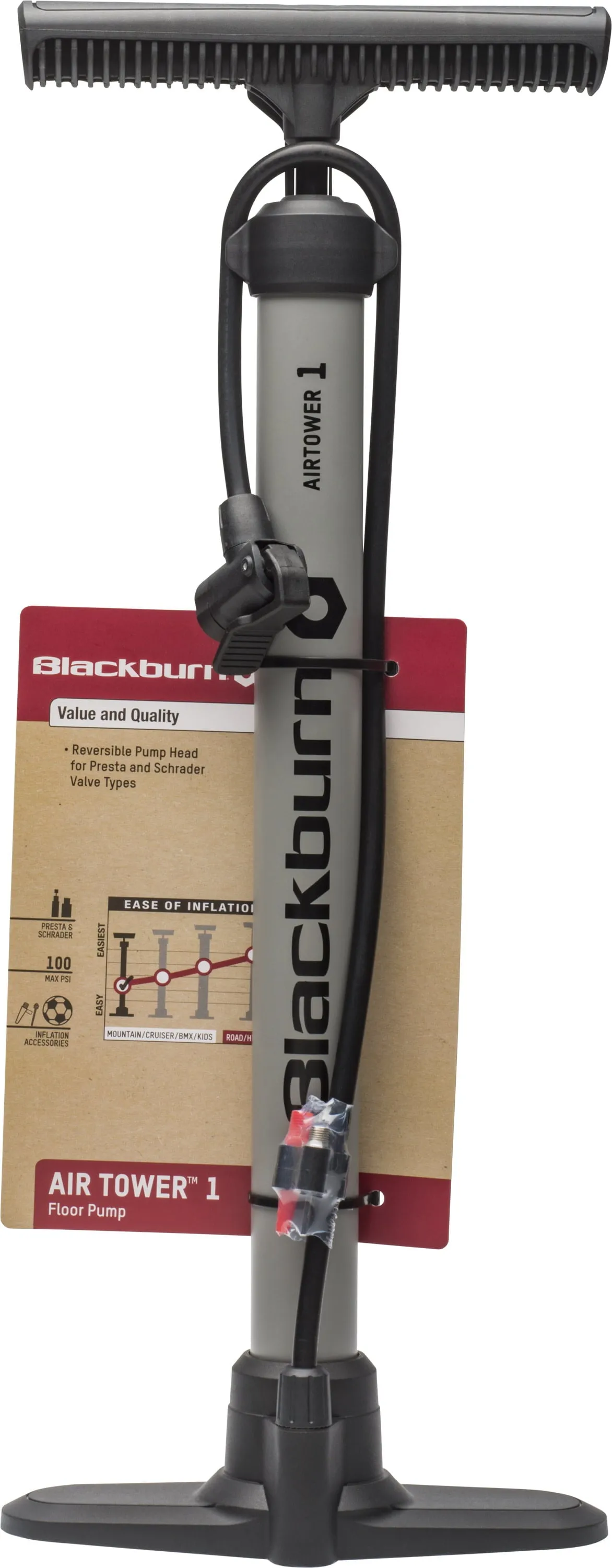 Blackburn Bicycle Floor Pump, Air Tower 1, 100 Psi Bike Pump Portable, Gray