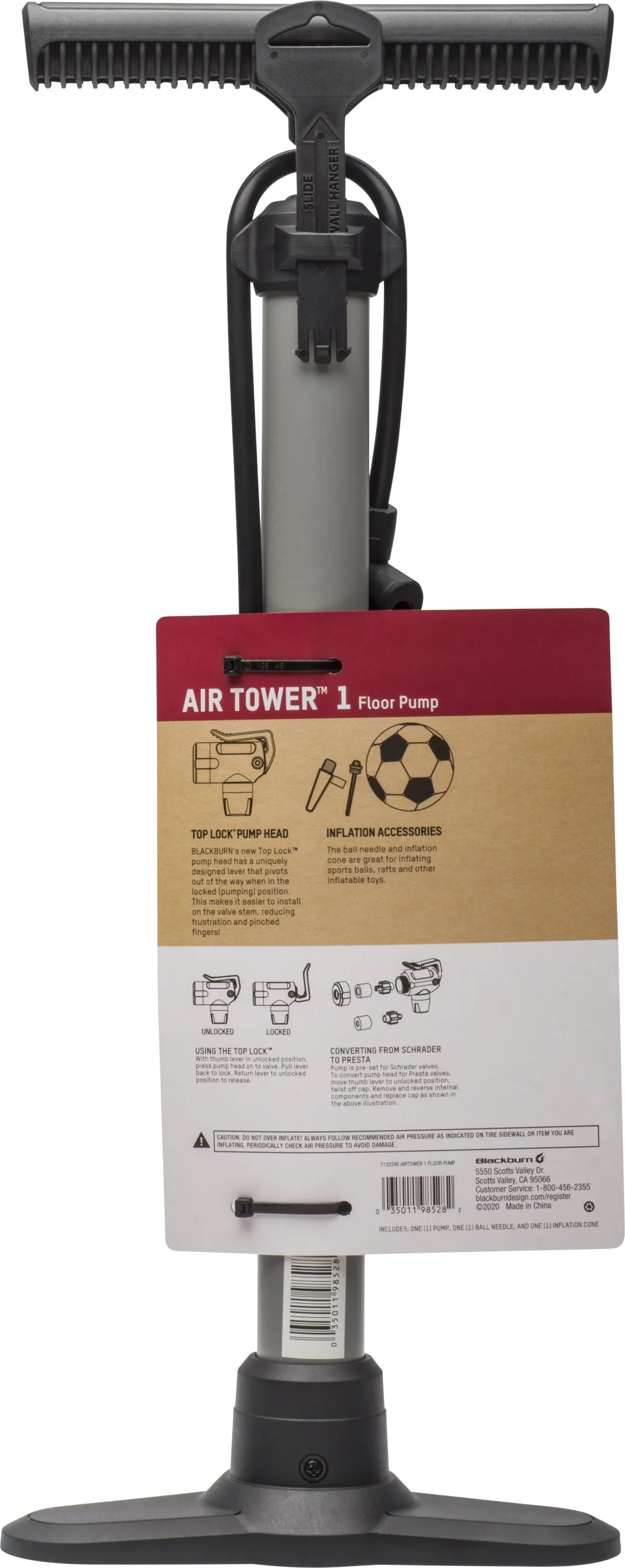 Blackburn Bicycle Floor Pump, Air Tower 1, 100 Psi Bike Pump Portable, Gray