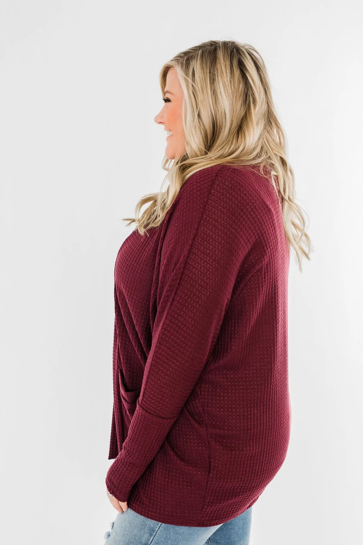 Break Free Waffle Knit Cardigan- Burgundy
