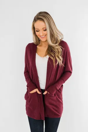 Break Free Waffle Knit Cardigan- Burgundy