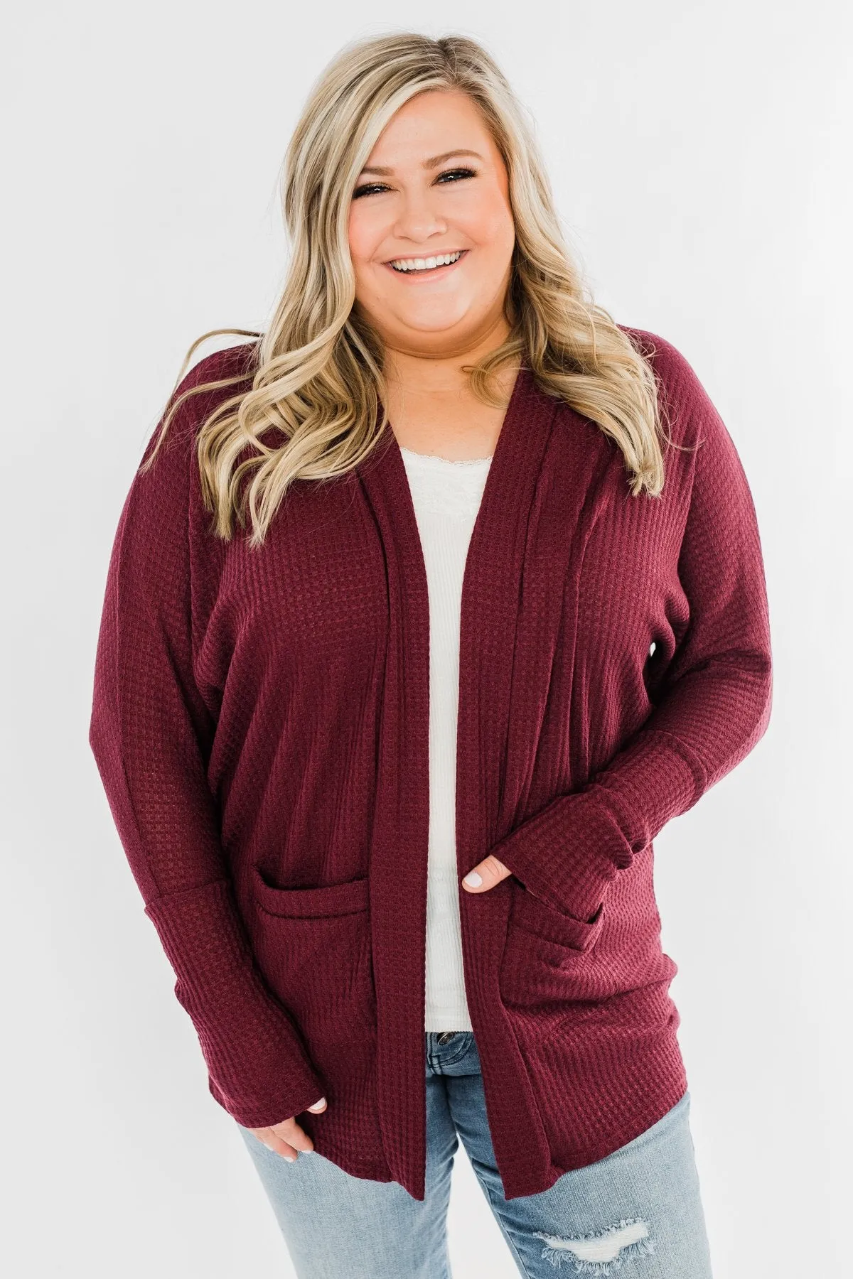 Break Free Waffle Knit Cardigan- Burgundy