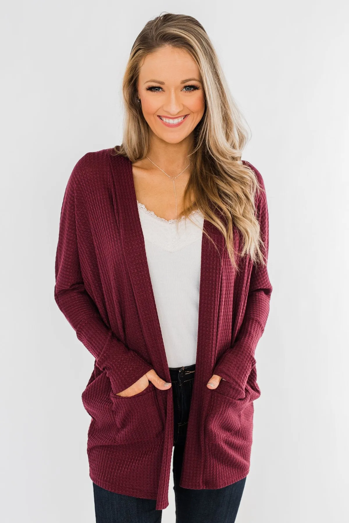 Break Free Waffle Knit Cardigan- Burgundy