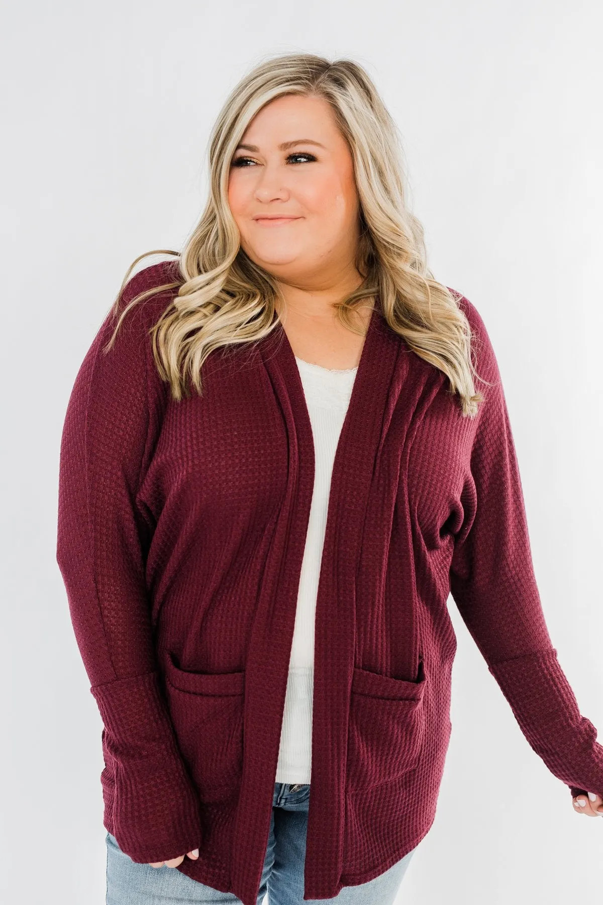 Break Free Waffle Knit Cardigan- Burgundy