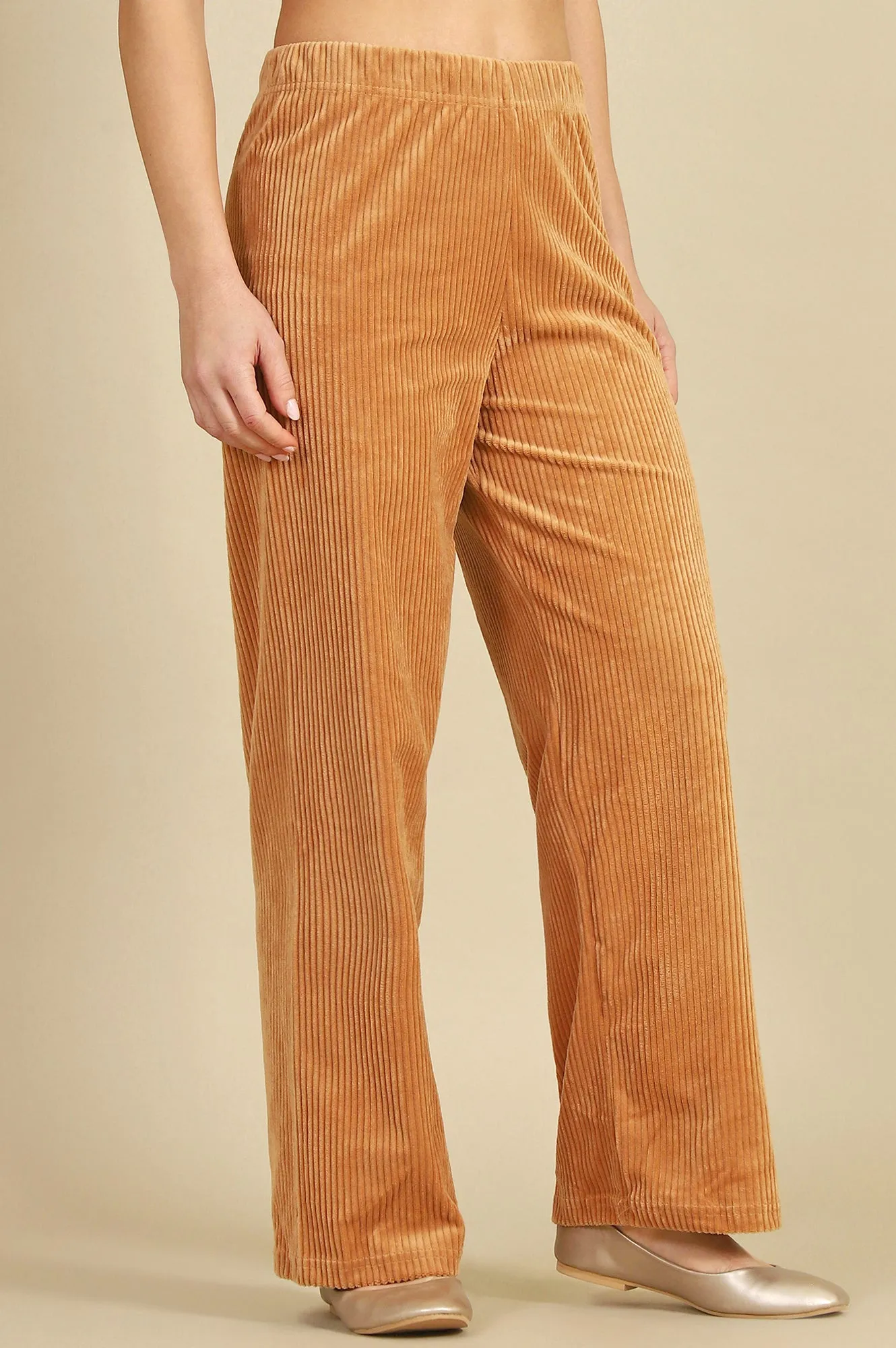 Brown Solid Cotton Blend Straight Pants
