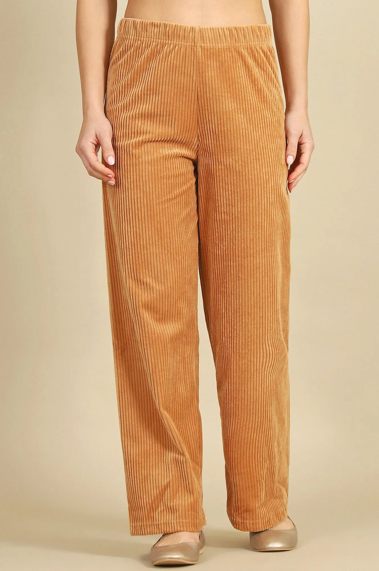Brown Solid Cotton Blend Straight Pants