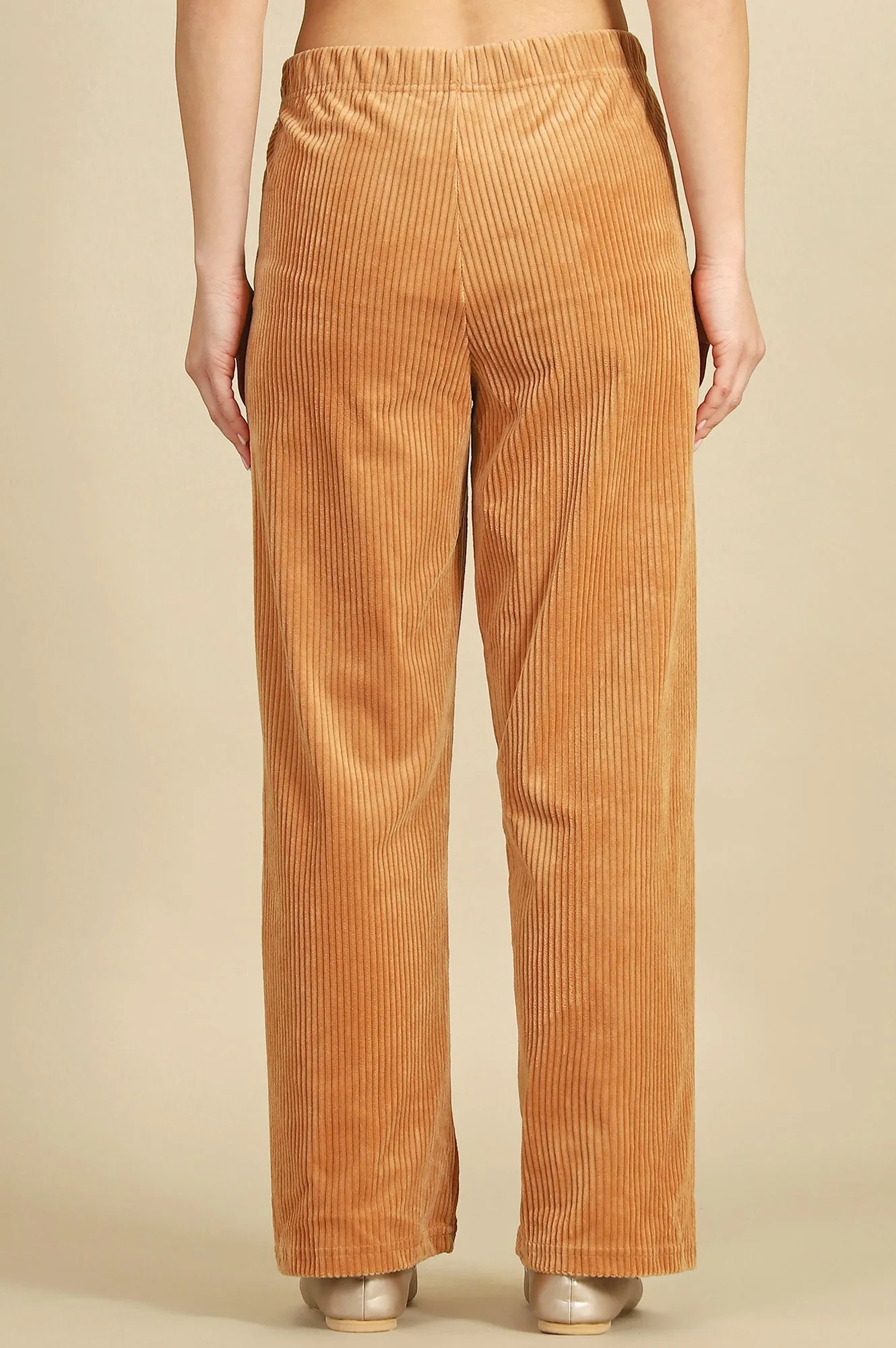 Brown Solid Cotton Blend Straight Pants