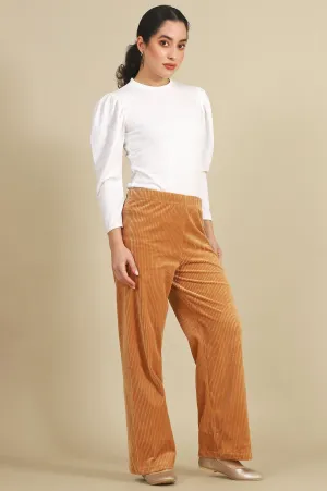 Brown Solid Cotton Blend Straight Pants