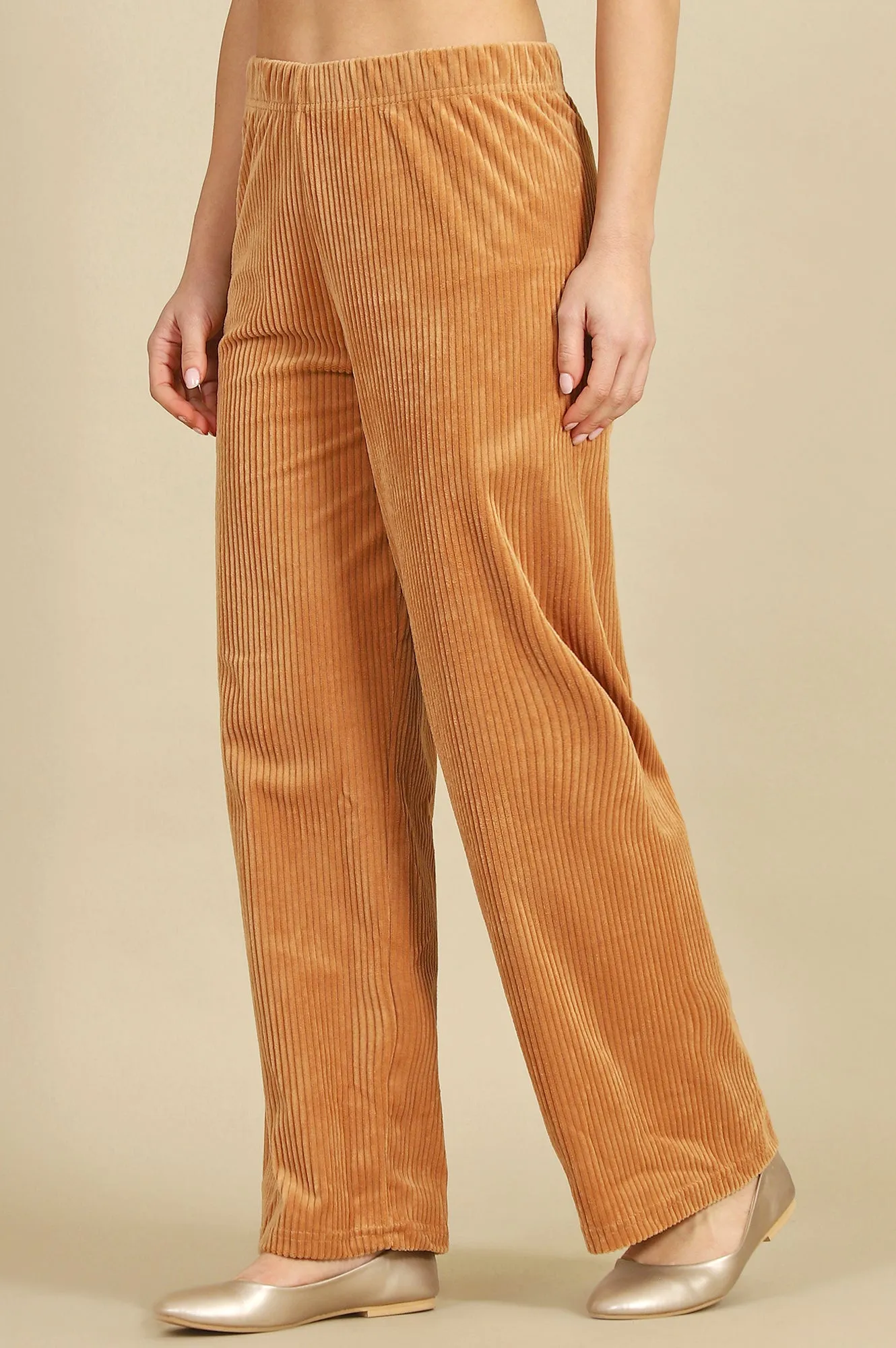Brown Solid Cotton Blend Straight Pants