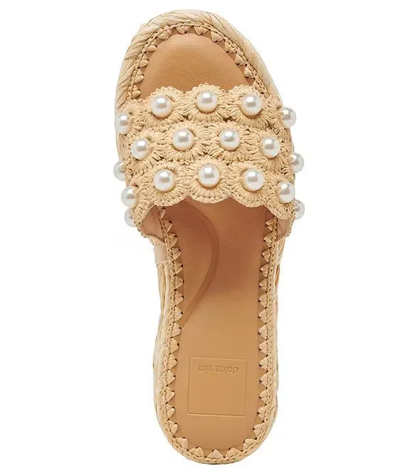 Caper Pearl Embellished Raffia Platform Slide Sandals in Light Natural