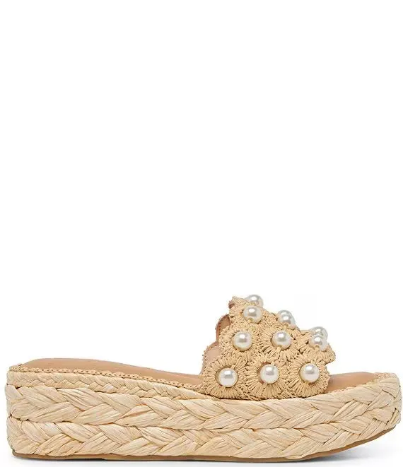 Caper Pearl Embellished Raffia Platform Slide Sandals in Light Natural
