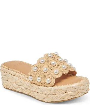 Caper Pearl Embellished Raffia Platform Slide Sandals in Light Natural