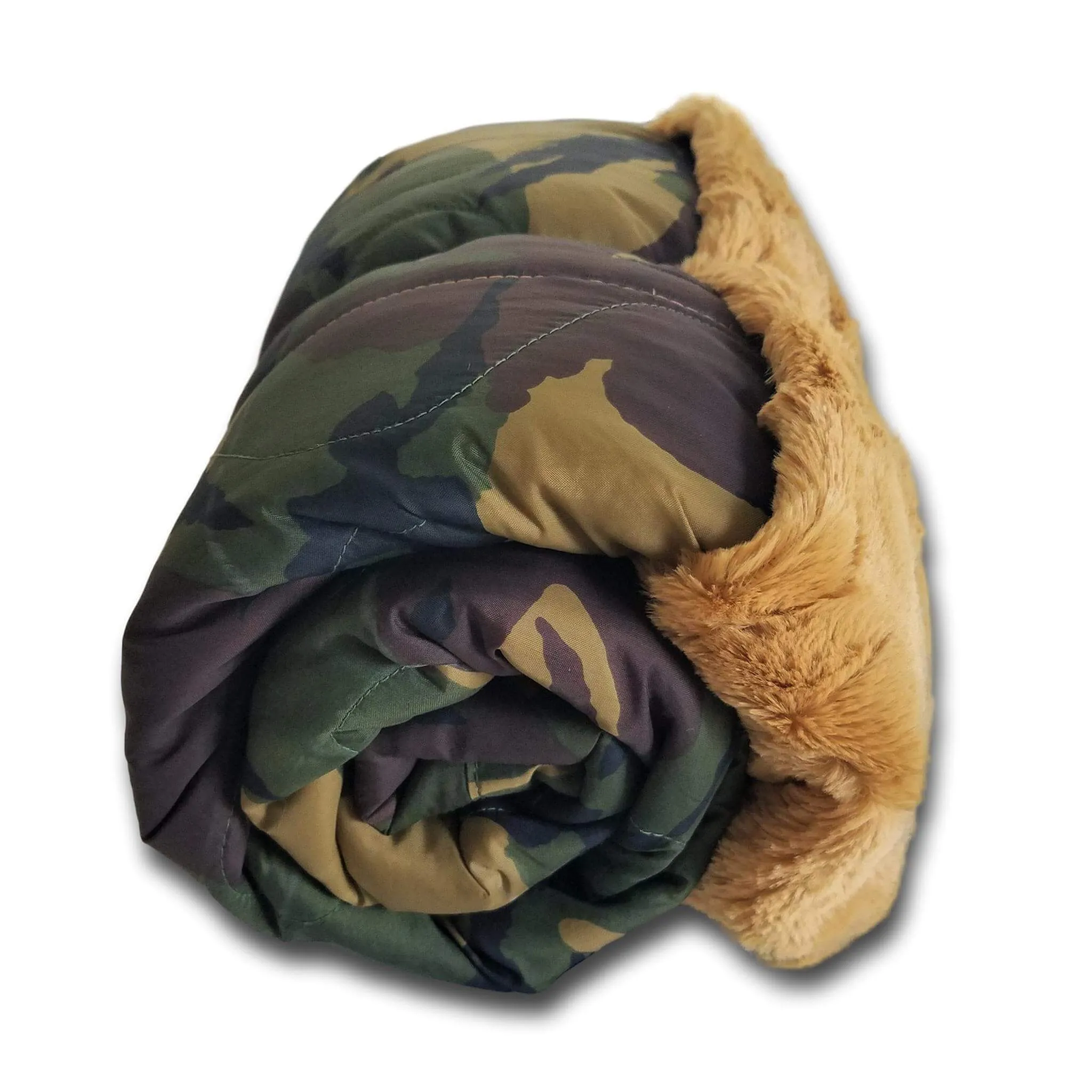 Dutch Camo Pattern Spiffy Llama WeeWoobie Weighted Blanket with Golden Gold Fur