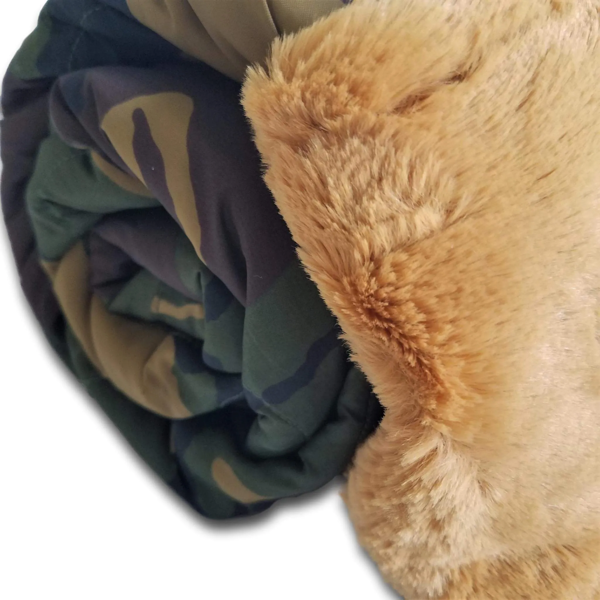 Dutch Camo Pattern Spiffy Llama WeeWoobie Weighted Blanket with Golden Gold Fur