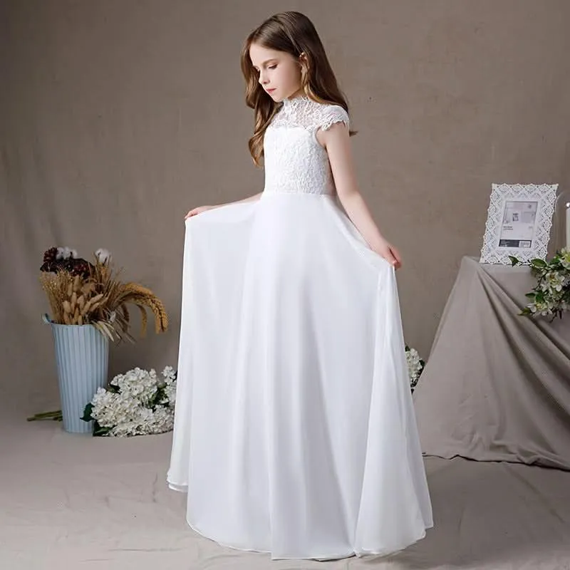 Elegant Lace Princess Dress White High-Waist Long Dress for Girls A Pure and Elegant Dress for Little Girls