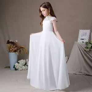 Elegant Lace Princess Dress White High-Waist Long Dress for Girls A Pure and Elegant Dress for Little Girls