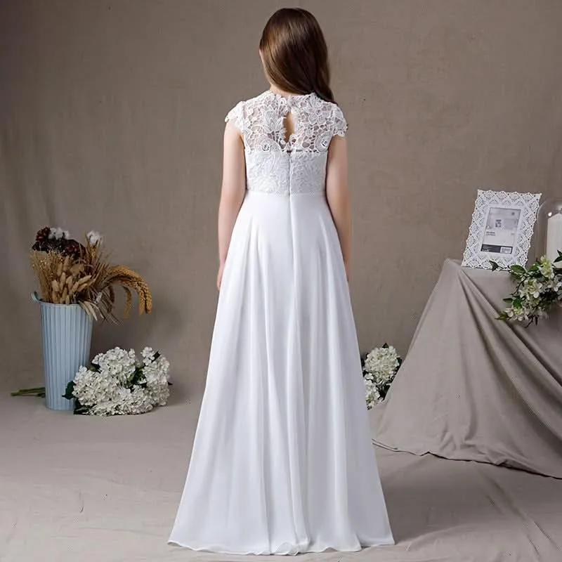 Elegant Lace Princess Dress White High-Waist Long Dress for Girls A Pure and Elegant Dress for Little Girls