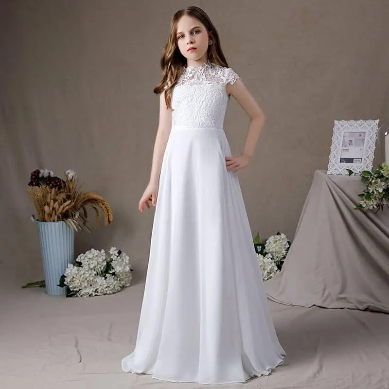 Elegant Lace Princess Dress White High-Waist Long Dress for Girls A Pure and Elegant Dress for Little Girls